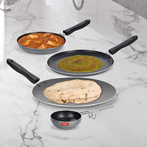 Sumeet NonStick Noir Cookware Set (Dosa Tawa - 26.5Cm Dia + Conceve/Roti Tawa - 28Cm Dia + Tapper pan - 0.6Ltr - 20Cm Dia + Waghariya/Tadka pan - 190Ml - 10Cm Dia)