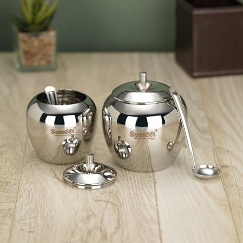 Sumeet Stainless Steel Apple Shape Ghee and Oil Pot, Storage Container with Spoon for Kitchen, 7.5cm & 9cm Dia, 220ml & 350ML - Silver (Pack of 2)