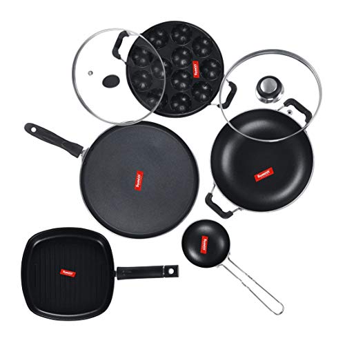 Sumeet NonStick Goal Cookware Set (Dosa Tawa-26.5Cm Dia+Kadhai with Glass Lid-2Ltr-22Cm Dia+Grill Appam Patra with Glass Lid-12 Cavity-22cm Dia+Grill Pan-22cm Dia+Tadka pan-190Ml-10Cm Dia)