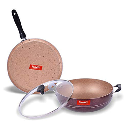 Sumeet Nonstick Granite Finish Popular 2pc Combo Set (Dosa Tawa - 26.5cm Dia + Kadhai with Glass Lid - 2.5 LTR Capacity - 24.5cm Dia)