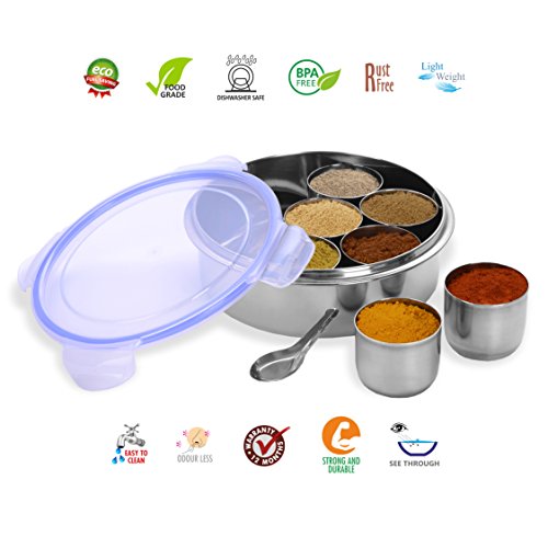 Sumeet Airtight & Leak Proof Stainless Steel Masala (Spice) Box/Dabba/Organiser with Lock Lid & 7 Containers and Small Spoon Size No. 12 (20.5cm Dia) (2 LTR Capacity)