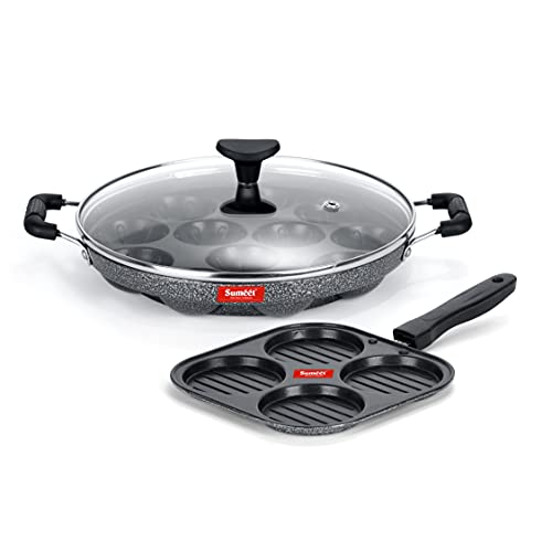 Sumeet NonStick Twin Star Cookware Set (Grill Appam Patra with Glass Lid - 12 Cavity - 22cm Dia + Mini Multi Snack Maker - 4 Cavity -19.5cm)