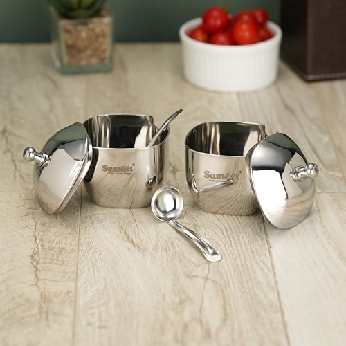 Sumeet Stainless Steel Square Shape Ghee and Oil Pot, Storage Container with Spoon for Kitchen, 6.5cm Dia, 160ML - Silver (Pack of 2)