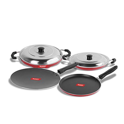 Sumeet 2.6mm Thick Non-Stick Reddo Cookware Set (Dosa Tawa – 26.5cm Dia + Grill Appam Patra with Lid – 23cm Dia + Concave Tawa – 28cm Dia + Appachatty – 22.2cm Dia)