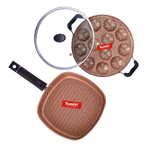 Sumeet Greaser Aluminium Grill Appam Patra With Lid, Grill Pan, 1.1 L Grill Pan, 12 Piece (Peach)