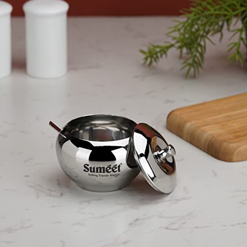 Sumeet Stainless Steel Ghee and Oil Pot, Storage Conrainer with Spoon for Kitchen, 7.5cm Dia, 170ML - Silver (Pack of 1)