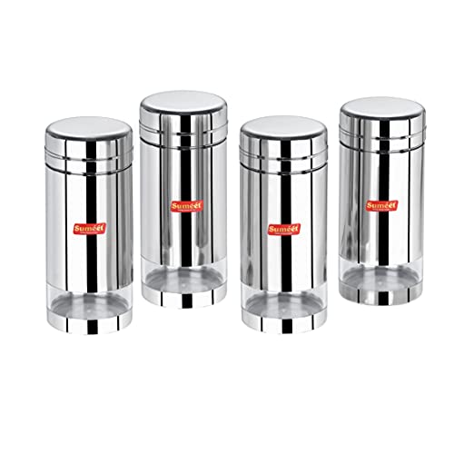 Sumeet Stainless Steel Circular See Through / Transparent Container, Set of 4Pc, 1 Ltr each, 10cm Dia, Silver