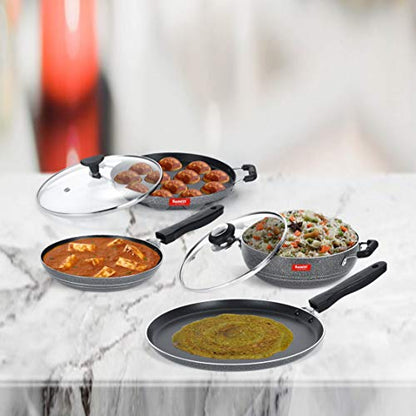 Sumeet NonStick Sort Cookware Set (Dosa Tawa - 26.5Cm Dia + Kadhai with Glass Lid -2Ltr - 22Cm Dia + Grill Appam Patra with Glass Lid - 12 Cavity - 22cm Dia + Tapper pan - 0.6Ltr - 20Cm Dia)