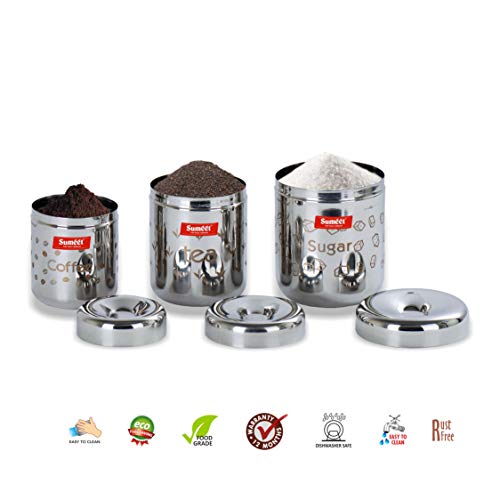 Sumeet Stainless Steel Laser Printed Tea, Cofee, Sugar Canisters Set of 3 (Capacity - Coffee - 300 ml, Tea 500 ml, Sugar 650ml)