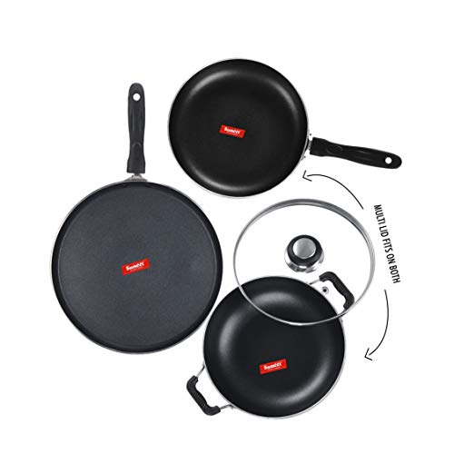 Sumeet NonStick Pilak Cookware Set (Dosa Tawa - 26.5Cm Dia + Kadhai with Glass Lid -2Ltr - 22Cm Dia + Frypan - 1.5Ltr - 22Cm Dia)