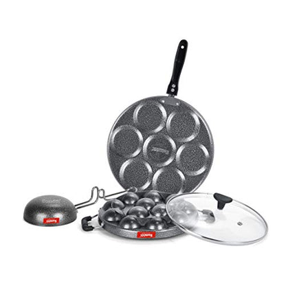 Sumeet NonStick Gray Cookware Set (Multi Snack Maker - 7 Cavity - 26.5Cm Dia + Grill Appam Patra with Glass Lid - 12 Cavity - 22cm Dia + Waghariya/Tadka pan - 190Ml - 10Cm Dia)