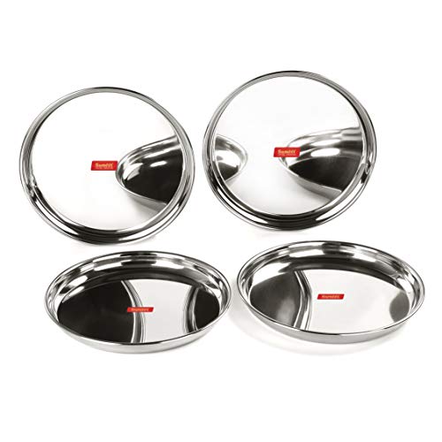 Sumeet Stainless Steel Heavy Gauge Deep Wall Dinner Plates with Mirror Finish 26.6cm Dia - Set of 4pc