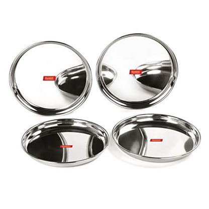 Sumeet Stainless Steel Heavy Gauge Deep Wall Snack Plates with Mirror Finish 24.3cm Dia - Set of 4pc