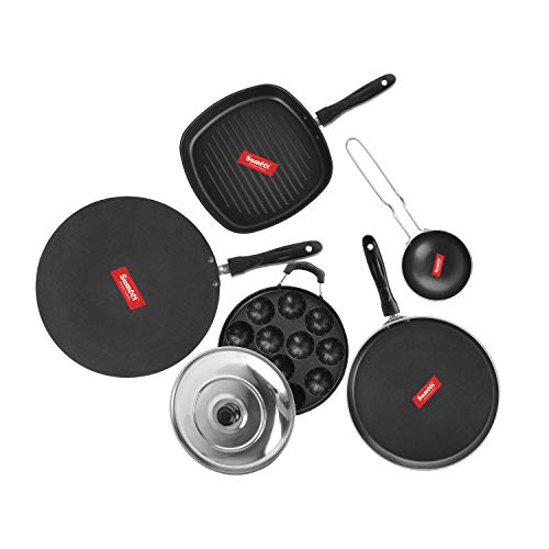 Sumeet 2.6mm Thick Non-Stick Red Tom Cookware Set (Dosa Tawa â€“ 26.5cm Dia + Grill Appam Patra with Lid â€“ 23cm Dia + Grill Pan â€“ 1.1Ltr â€“ 22cm Dia + Tadka Pan â€“ 10cm Dia + Tadka Pan â€“ 10cm Dia)