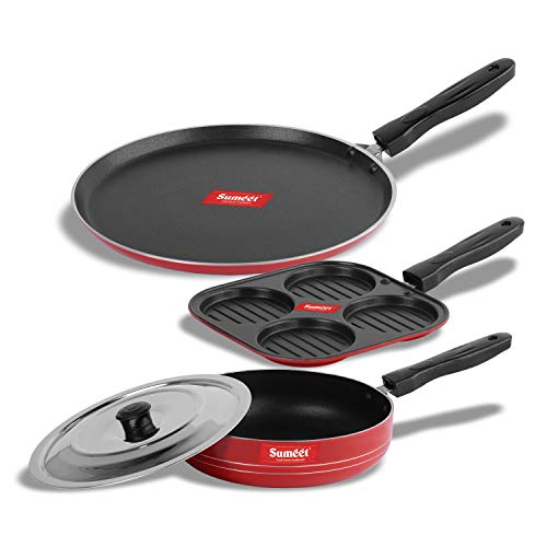 Sumeet 2.6mm Thick Non-Stick Redina Combo Set (Dosa Tawa – 26.5cm Dia + Mini Multi Snack Maker – 19.5cm Dia + Fry pan – 1.5Ltr Capacity – 21cm Dia)