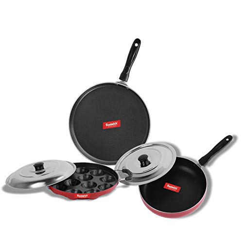 Sumeet 2.6mm Thick Non-Stick Rufina Combo Set (Dosa Tawa – 26.5cm Dia + Grill Appam Patra with Lid – 23cm Dia + Fry pan – 1.5Ltr Capacity – 21cm Dia)