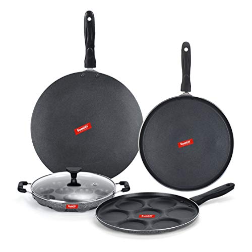 Sumeet NonStick Dubh Cookware Set (Dosa Tawa - 26.5Cm Dia + Multi Snack Maker - 7 Cavity - 26.5Cm Dia + Grill Appam Patra with Glass Lid - 12 Cavity - 22cm Dia + Conceve/Roti Tawa - 28Cm Dia)