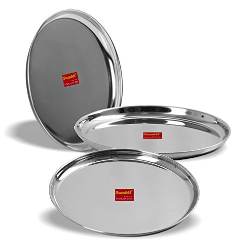 Sumeet Stainless Steel Heavy Gauge Dinner Plates with Mirror Finish - Set of 3pc