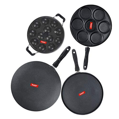 Sumeet NonStick Dubh Cookware Set (Dosa Tawa - 26.5Cm Dia + Multi Snack Maker - 7 Cavity - 26.5Cm Dia + Grill Appam Patra with Glass Lid - 12 Cavity - 22cm Dia + Conceve/Roti Tawa - 28Cm Dia)