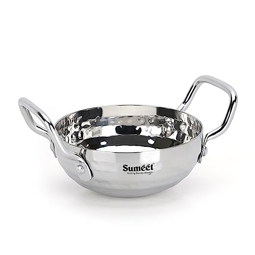 Sumeet Stainless Steel Handcrafted Hammered Mathar Kadai for Kitchen, Small Size, 450ML, 12cm Dia, Pack of 1, Silver