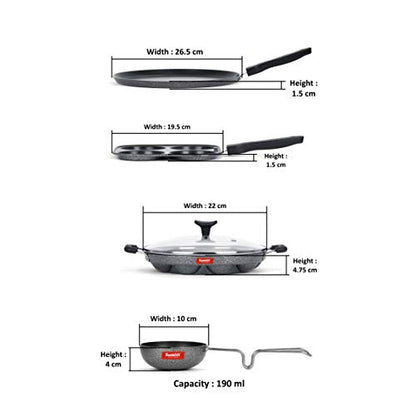 Sumeet NonStick Schwarz Cookware Set (Dosa Tawa-26.5Cm Dia+Mini Multi Snack Maker-4 Cavity-19.5cm+Grill Appam Patra with Glass Lid-12 Cavity-22cm Dia+Waghariya/Tadka pan-190Ml-10Cm Dia)