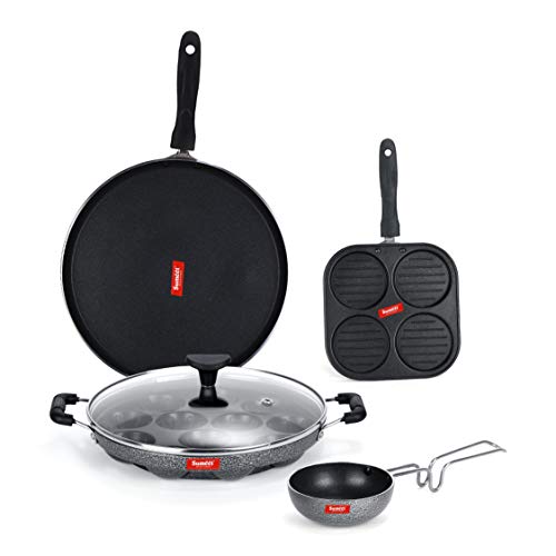 Sumeet NonStick Schwarz Cookware Set (Dosa Tawa-26.5Cm Dia+Mini Multi Snack Maker-4 Cavity-19.5cm+Grill Appam Patra with Glass Lid-12 Cavity-22cm Dia+Waghariya/Tadka pan-190Ml-10Cm Dia)