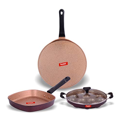 Sumeet Nonstick Granite Finish ELATION cookware Set (Grill Pan 22cm Dia + Grill Appam Patra with Glass Lid - 12 Cavity - 23cm Dia + Tawa 30.5cm Dia)