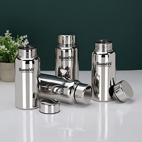 Sumeet Stainless Steel Jointless Akhand Leak-Proof Water Bottle / Fridge Bottle - 600ML Pack of 4, Silver