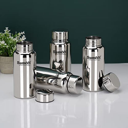 Sumeet Stainless Steel Jointless Akhand Leak-Proof Water Bottle / Fridge Bottle - 600ML Pack of 4, Silver