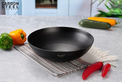 Sumeet Super Smooth Pre Seasoned Carbon Steel (Iron) Deep Tasra for Cooking and Deep Frying|Naturally Nonstick |27cm | 3100ml, Gas & Induction-Friendly, Black