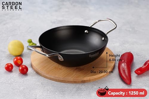 Sumeet Super Smooth Pre Seasoned Carbon Steel (Iron) Deep Kadai for Cooking and Deep Frying|Naturally Nonstick |20cm |1250ml, Gas & Induction-Friendly, Black