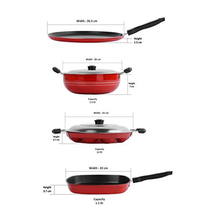 Sumeet 2.6mm Thick Non-Stick Rooi Cookware Set (Dosa Tawa – 26.5cm Dia + Kadhai with Lid – 1.5Ltr Capacity- 20cm Dia + Grill Appam Patra with Lid – 23cm Dia + Grill Pan – 1.1Ltr Capacity – 22cm Dia)