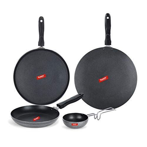 Sumeet NonStick Noir Cookware Set (Dosa Tawa - 26.5Cm Dia + Conceve/Roti Tawa - 28Cm Dia + Tapper pan - 0.6Ltr - 20Cm Dia + Waghariya/Tadka pan - 190Ml - 10Cm Dia)