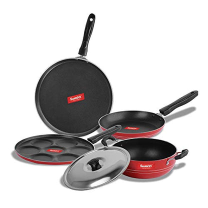 Sumeet 2.6mm Thick Non-Stick Rossu Cookware Set (Dosa Tawa – 26.5cm Dia + Multi Snack Maker – 26.5cm Dia + Kadhai with Lid – 1.5Ltr Capacity- 20cm Dia + Tapper pan – 20cm Dia)