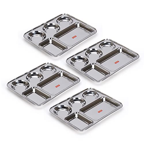 Sumeet Stainless Steel Rectangular 5 in 1 Compartment Lunch / Dinner Plate Set of 4Pcs, 33.5cm Dia, Silver