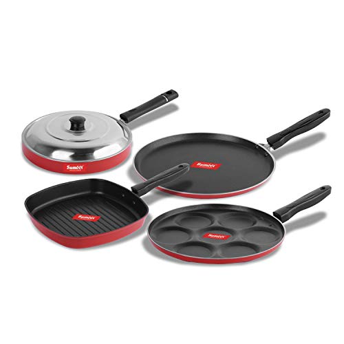 Sumeet 2.6mm Thick Non-Stick Reid Cookware Set (Dosa Tawa – 26.5cm Dia + Multi Snack Maker – 26.5cm Dia + Grill Pan – 1.1Ltr Capacity – 22cm Dia + Pizza Pan – 23cm Dia)