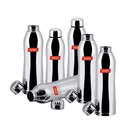 Sumeet Stainless Steel Airtight and Leak Proof Delux Fridge Water Bottle 1 Litre, Set of 6pc