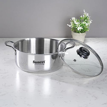 Sumeet Cook Smart TriPly SAS (Steel-Aluminium-Steel - 3 Layers)  Casserole / Biryani Pot / Stock Pot With Glass Lid- 2.9Ltr - 20Cm, Silver