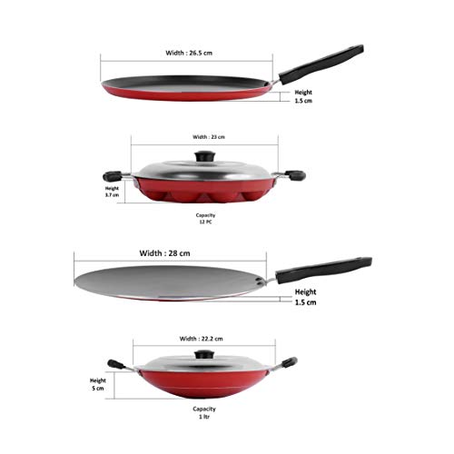 Sumeet 2.6mm Thick Non-Stick Reddo Cookware Set (Dosa Tawa – 26.5cm Dia + Grill Appam Patra with Lid – 23cm Dia + Concave Tawa – 28cm Dia + Appachatty – 22.2cm Dia)