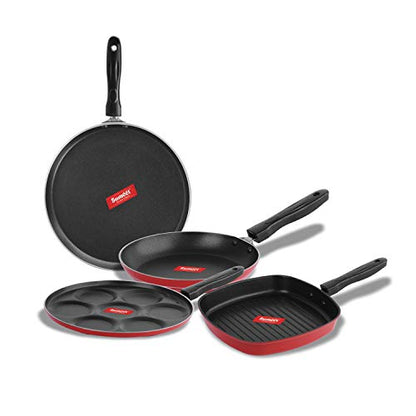 Sumeet 2.6mm Thick Non-Stick Merah Cookware Set (Dosa Tawa – 26.5cm Dia + Multi Snack Maker – 26.5cm Dia + Grill Pan – 1.1Ltr Capacity – 22cm Dia + Tapper pan – 20cm Dia)