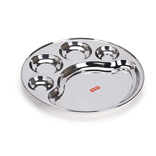 Sumeet Stainless Steel Round 5 in 1 Compartment Lunch / Dinner Plate 1Pc, 34cm Dia, Silver