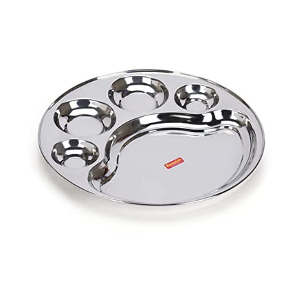 Sumeet Stainless Steel Round 5 in 1 Compartment Lunch / Dinner Plate 1Pc, 31cm Dia, Silver