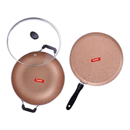 Sumeet Nonstick Granite Finish Popular 2pc Combo Set (Dosa Tawa - 26.5cm Dia + Kadhai with Glass Lid - 2.5 LTR Capacity - 24.5cm Dia)