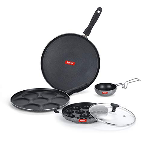 Sumeet NonStick Griseo Cookware Set (Dosa Tawa-26.5Cm Dia+Multi Snack Maker-7 Cavity-26.5Cm Dia+Grill Appam Patra with Glass Lid-12 Cavity-22cm Dia+Waghariya/Tadka pan-190Ml-10Cm Dia)