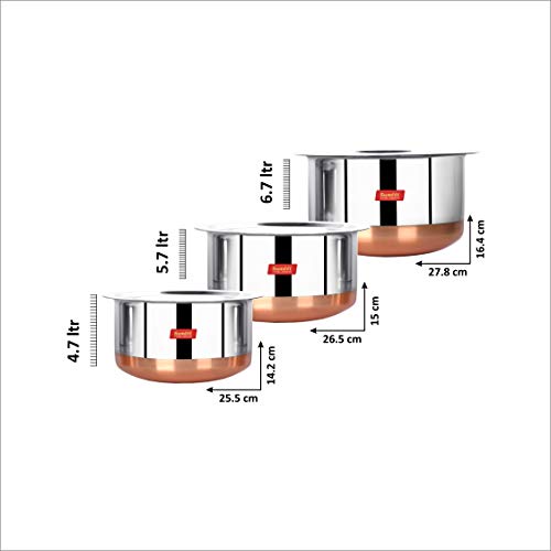 Sumeet Stainless Steel Copper Bottom 3Pc Big Size Tope Set with Lid (4.70L, 5.7Ltr, 6.7Ltr)