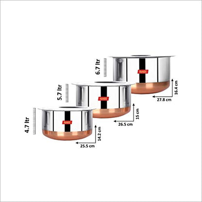 Sumeet Stainless Steel Copper Bottom 3Pc Big Size Tope Set with Lid (4.70L, 5.7Ltr, 6.7Ltr)