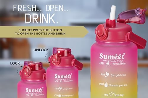 Sumeet Leak Proof Motivational/Inspire-Hydrate Water Bottle combo with Straw & Time Marker for Office/School/College/Gym/Picnic/Out Door Sports - 300ml, 700ml & 1850ml Set of 3, Pink