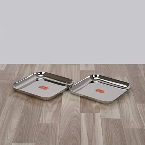 Sumeet Stainless Steel Medium Square Shape Plate/Snacks Plate/Breakfast Plate Set of 2pcs, 22.5cm Dia, Silver