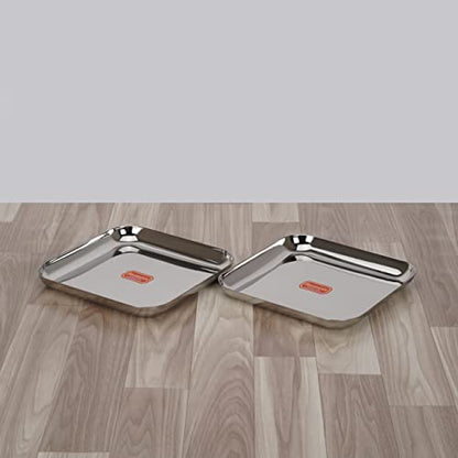 Sumeet Stainless Steel Medium Square Shape Plate/Snacks Plate/Breakfast Plate Set of 2pcs, 22.5cm Dia, Silver