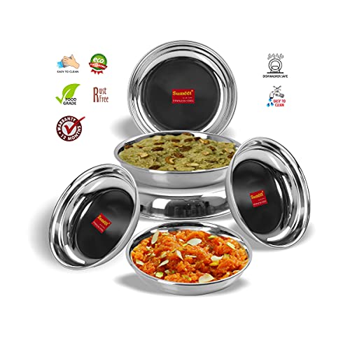 Sumeet Stainless Steel Heavy Gauge Small Halwa Plates with Mirror Finish 13.5cm Dia - Set of 6pc